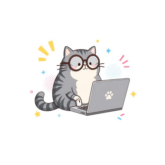 眼鏡をかけてノートPCに向かう猫のイラスト